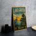 A vintage-style sign for Lake Griffin State Park in Florida, featuring a scenic illustration of a bird and palm trees against a sunset backdrop.