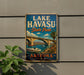 A vintage-style sign for Lake Havasu State Park in Arizona, featuring a scenic illustration of a bridge, palm trees, and a boat on the water.