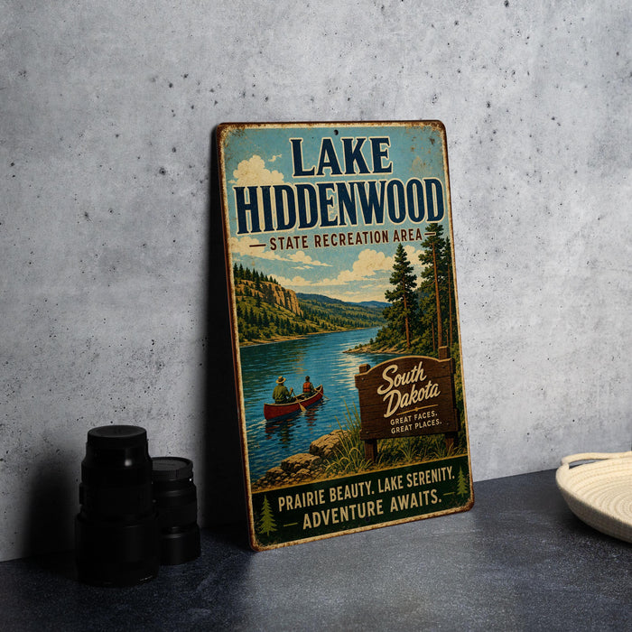 A vintage-style sign for Lake Hiddenwood, a state recreation area in South Dakota, featuring a scenic illustration of a lake surrounded by mountains and pine trees.