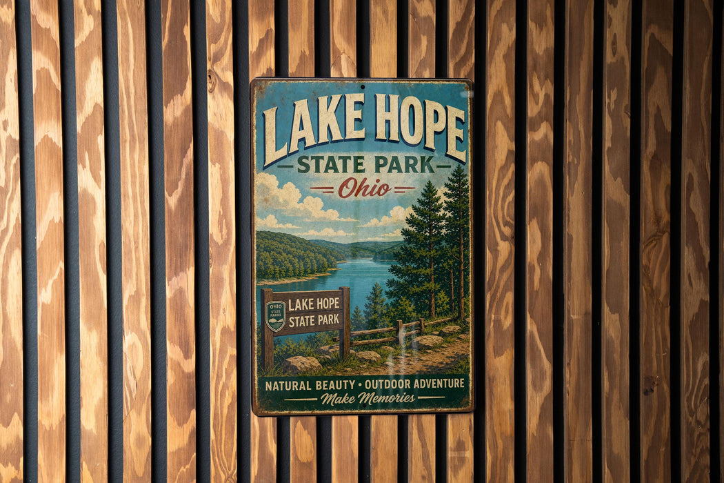 A vintage metal sign for Lake Hope State Park in Ohio, featuring a scenic landscape with a lake, mountains, and pine trees.