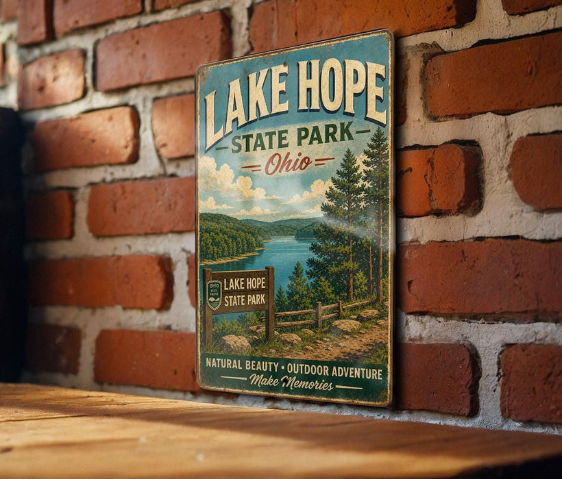A vintage-style metal sign for Lake Hope State Park in Ohio, featuring a scenic landscape with a lake, mountains, and trees.