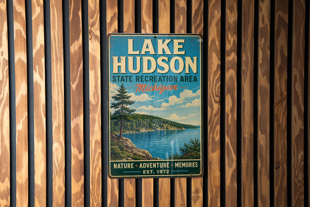 A vintage metal sign for Lake Hudson State Recreation Area in Michigan, featuring a scenic landscape with a lake, mountains, and pine trees.