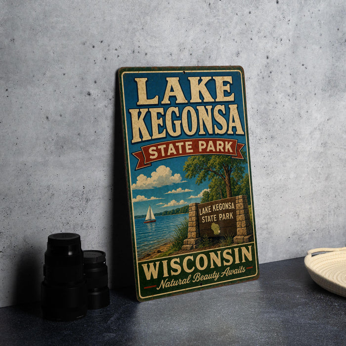 A vintage-style sign for Lake Kegona State Park in Wisconsin, featuring a scenic illustration of the park and its surroundings.