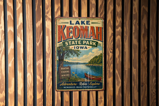 A vintage-style metal sign for Lake Keomah State Park in Iowa, featuring a scenic image of the lake and surrounding landscape.