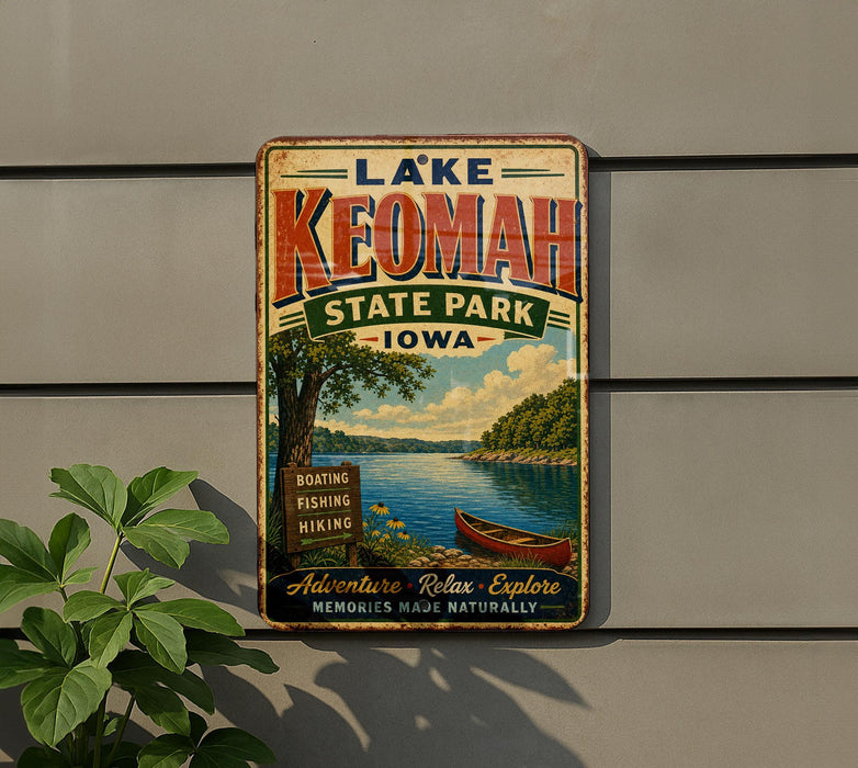 A vintage-style metal sign for Lake Keomah State Park in Iowa, featuring a scenic illustration of the lake and surrounding landscape.