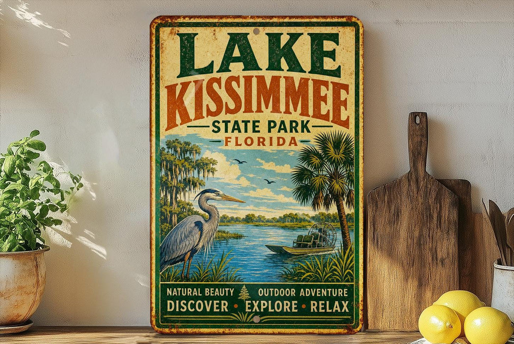 A vintage-style sign for Lake Kissimmee State Park, Florida, featuring a seagull, palm trees, and a body of water.