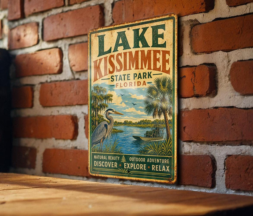 A vintage-style sign for Lake Kissimmee State Park in Florida, featuring a scenic illustration of a lake, palm trees, and a bird.