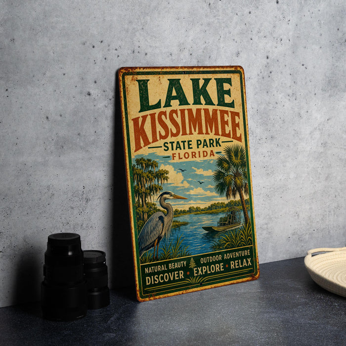 A vintage-style sign for Lake Kissimmee, Florida, featuring a scenic illustration of the lake surrounded by palm trees and a bird.