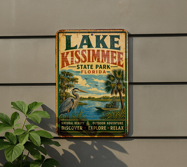 A vintage-style metal sign for Lake Kissimmee, Florida, featuring a scenic illustration of the lake, palm trees, and a bird.
