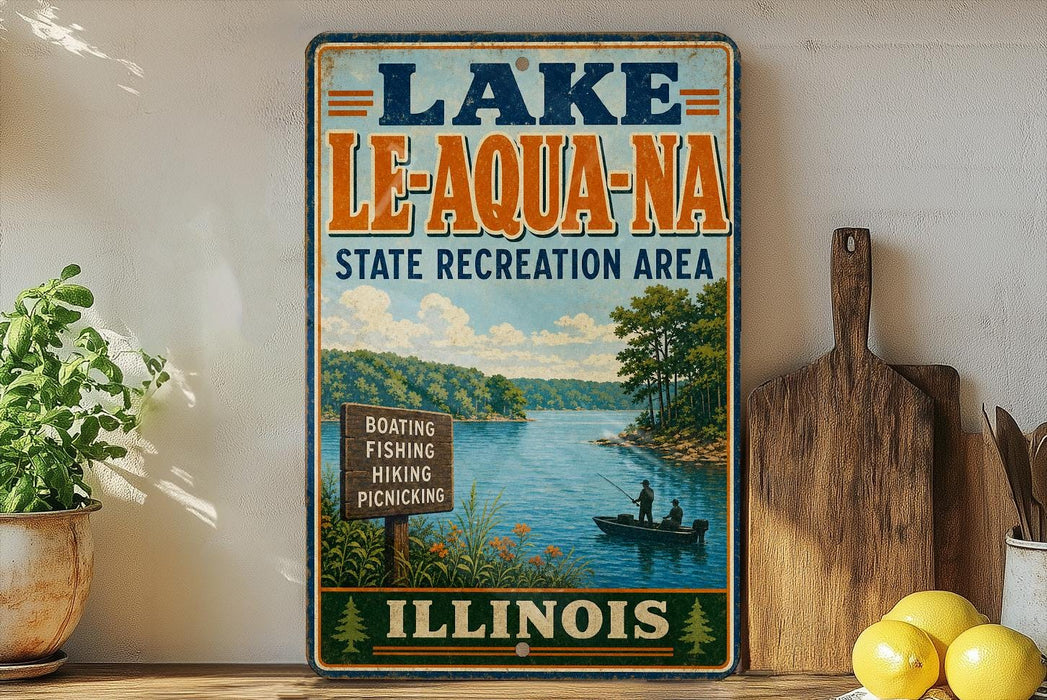 A vintage-style sign for Lake Le-Aqua-NA, a state recreation area in Illinois, featuring a scenic image of a lake with a boat and people fishing.