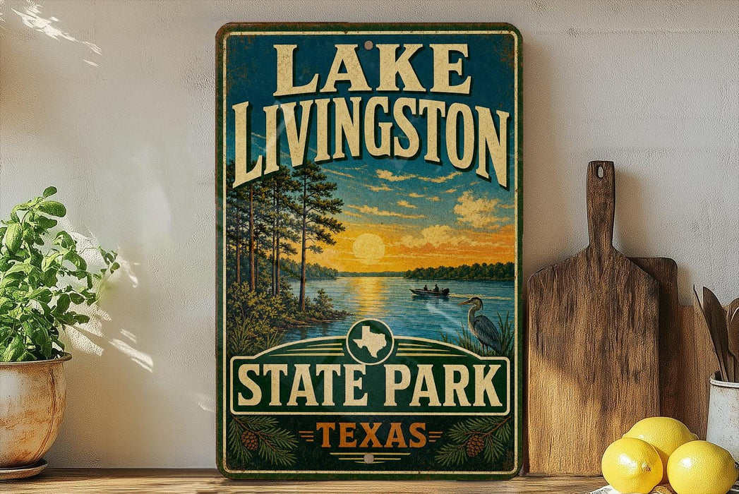 A vintage-style sign for Lake Livingston State Park in Texas, featuring a scenic landscape with a sunset over a lake and a bird in flight.