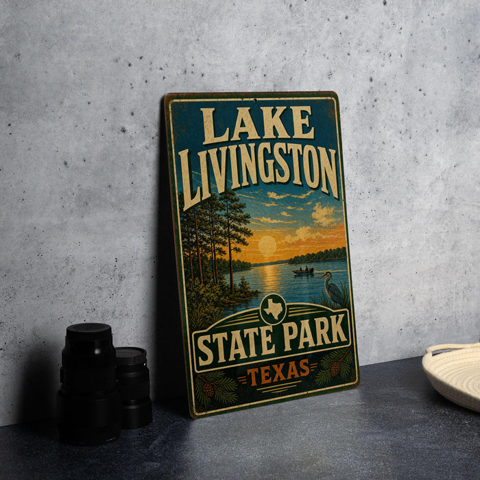 A vintage-style sign for Lake Livingston State Park in Texas, featuring a scenic landscape with a sunset over the lake and a bird in flight.