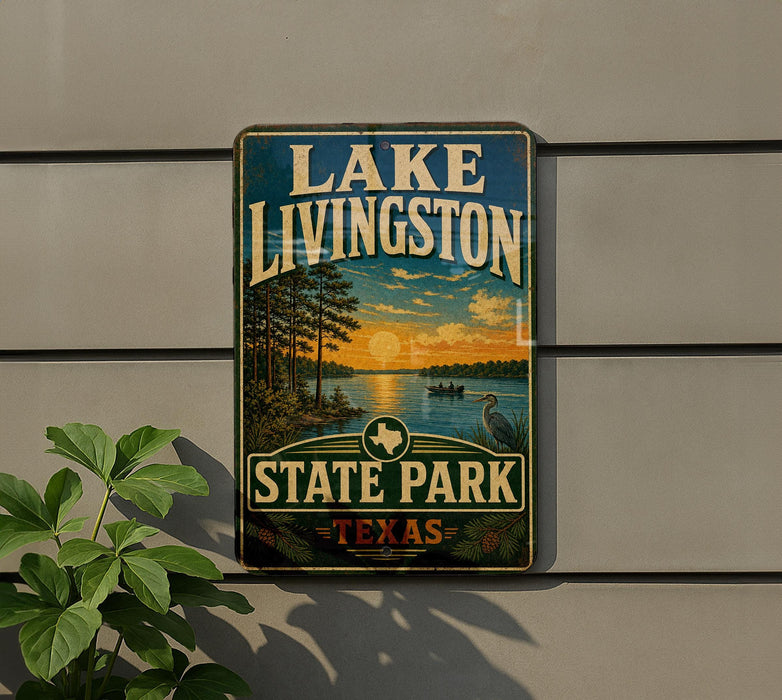 A vintage-style sign for Lake Livingston State Park in Texas, featuring a scenic landscape with a sunset over the lake and a bird in the foreground.