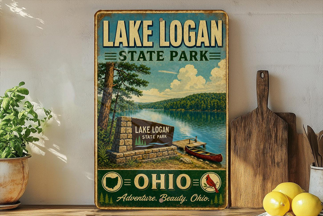 A vintage-style sign for Lake Logan State Park in Ohio, featuring a scenic image of the lake and surrounding landscape.