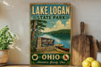 A vintage-style sign for Lake Logan State Park in Ohio, featuring a scenic image of the lake and surrounding landscape.