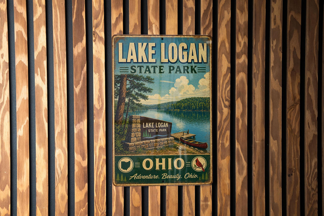A vintage metal sign for Lake Logan State Park in Ohio, featuring a scenic image of the lake and surrounding landscape.