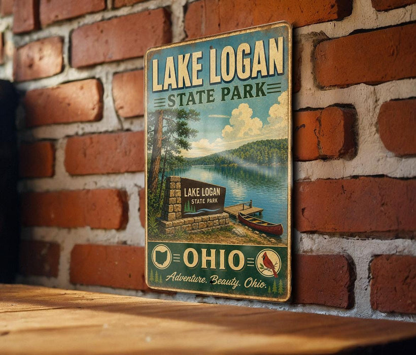 A vintage-style metal sign for Lake Logan State Park in Ohio, featuring a scenic illustration of the park's lake and surrounding landscape.