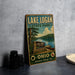 A vintage-style sign for Lake Logan State Park in Ohio, featuring a scenic illustration of the park's lake and surrounding landscape.