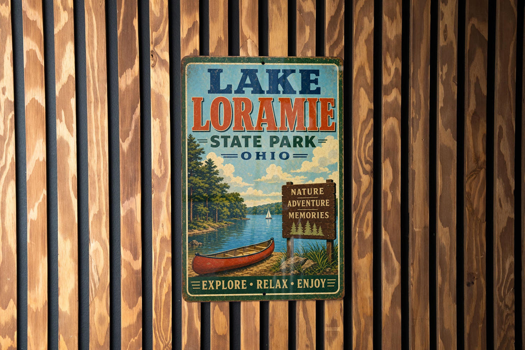 A vintage-style metal sign for Lake Loramie State Park in Ohio, featuring a scenic image of a lake, canoe, and surrounding nature.