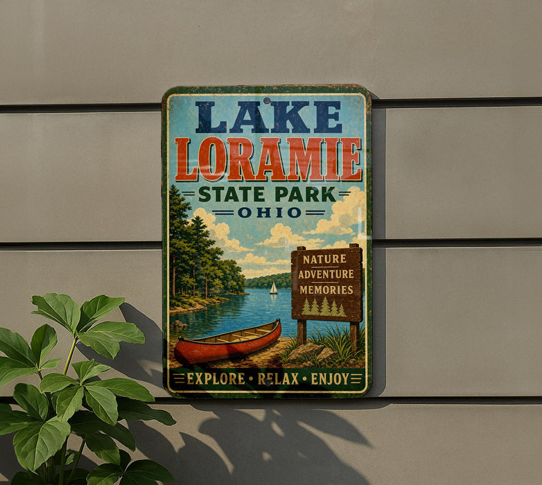 A vintage-style metal sign for Lake Loramie State Park in Ohio, featuring a canoe and a scenic landscape.