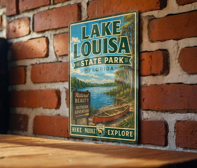 A vintage-style sign for Lake Louisa State Park in Florida, featuring a scenic illustration of a lake and surrounding nature.