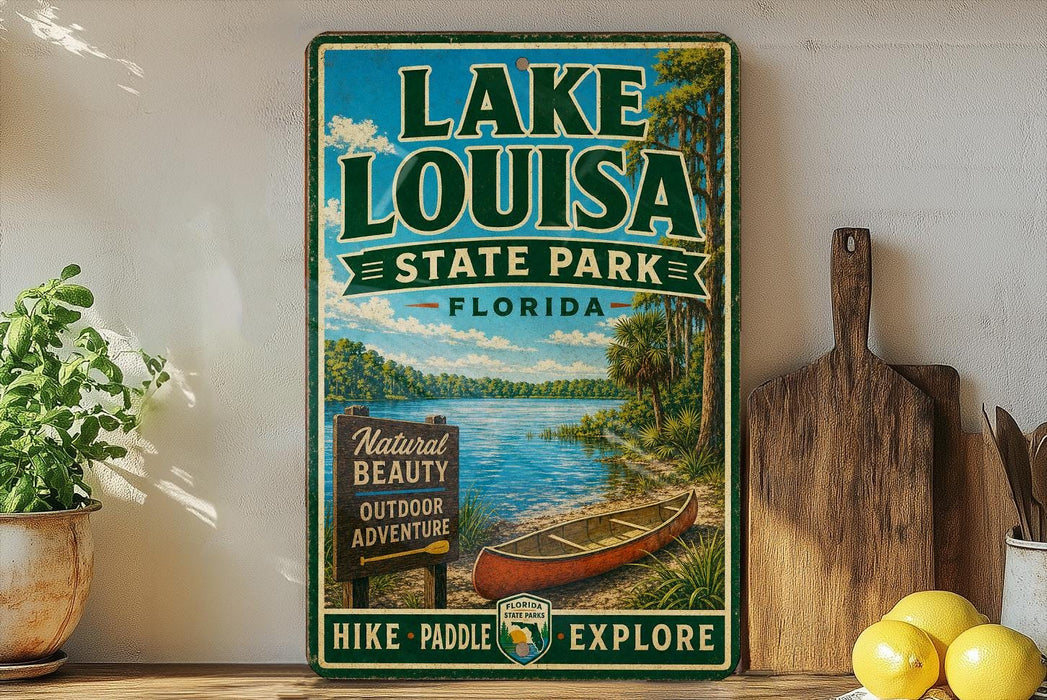 A vintage-style sign for Lake Louisa State Park in Florida, featuring a scenic image of a lake, canoe, and surrounding nature.