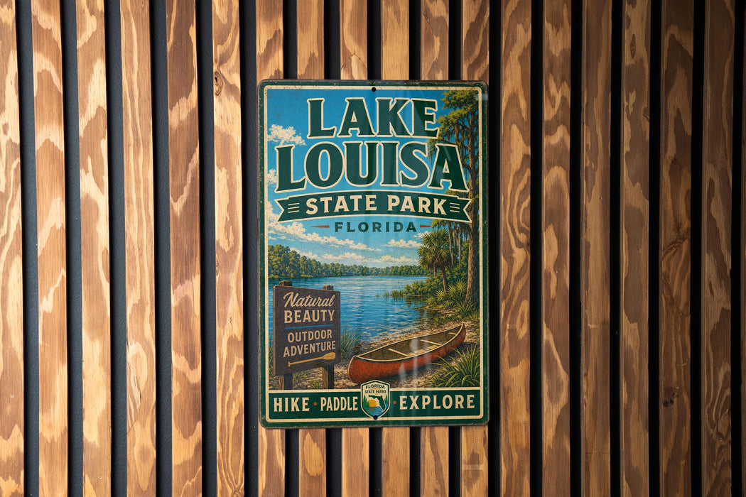A vintage-style sign for Lake Louisa State Park in Florida, featuring a scenic image of a lake and canoe, along with the text "LAKE LOUISA STATE PARK FLORIDA" and "NATURAL BEAUTY OUTDOOR ADVENTURE".