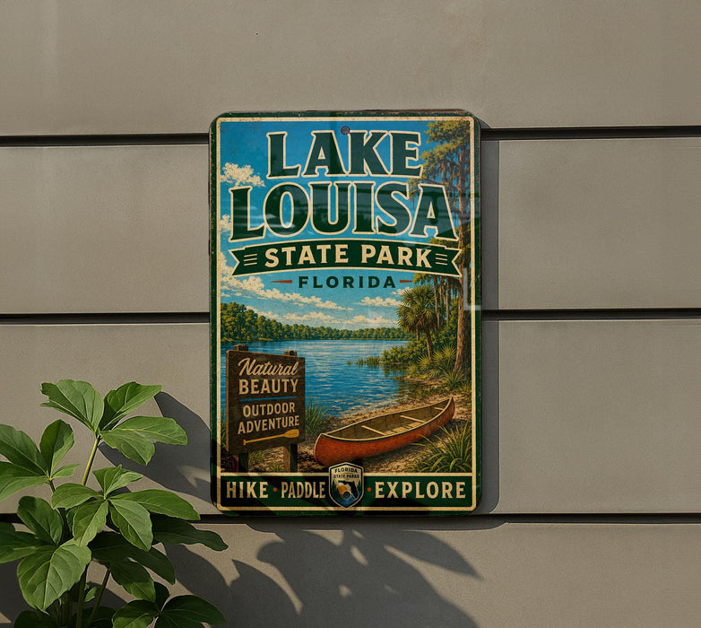 A vintage-style metal sign for Lake Louisa State Park in Florida, featuring a scenic image of a lake, canoe, and surrounding nature.