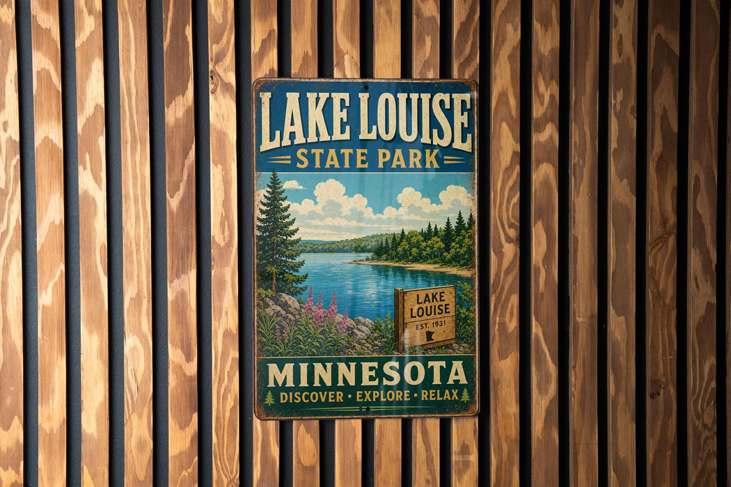 A vintage-style metal sign for Lake Louise State Park in Minnesota, featuring a scenic landscape with pine trees, a lake, and mountains.
