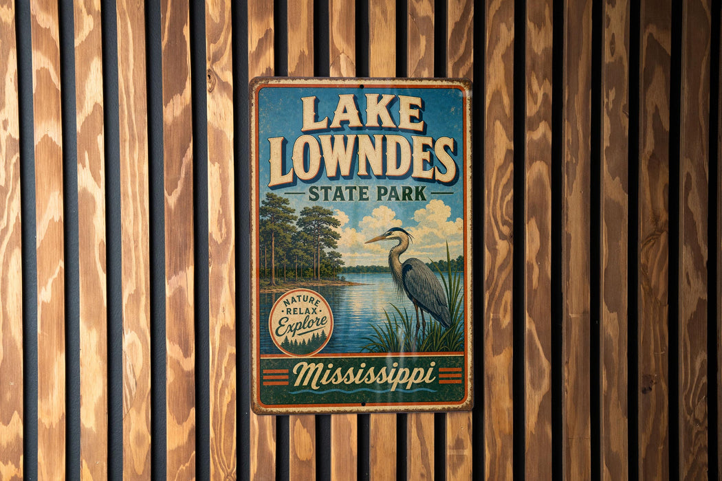 A vintage-style metal sign for Lake Lowndes State Park in Mississippi, featuring a scenic illustration of a bird and a lake.