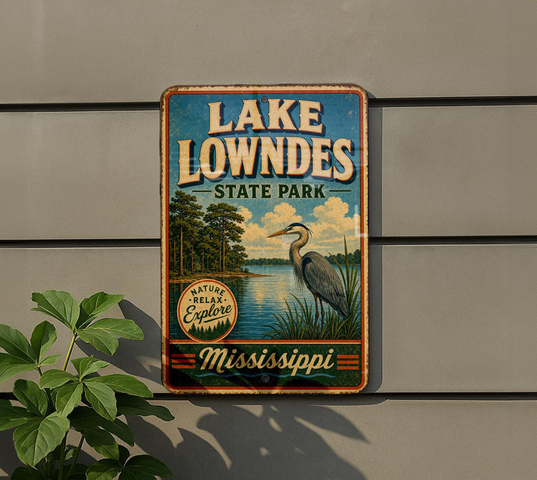 A vintage-style metal sign for Lake Lowndes State Park in Mississippi, featuring a scenic illustration of a heron and a lake surrounded by trees.