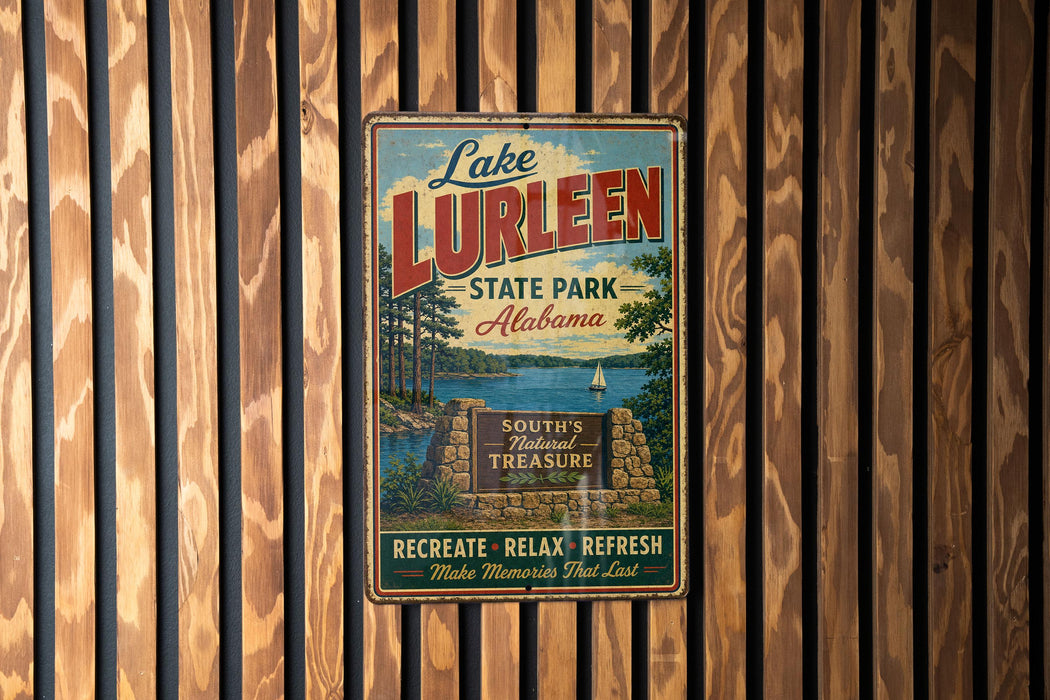 A vintage-style metal sign for Lake Lureen State Park in Alabama, featuring a scenic illustration of the park and a message encouraging visitors to "Recreate, Relax, Refresh" and "Make Memories That Last".