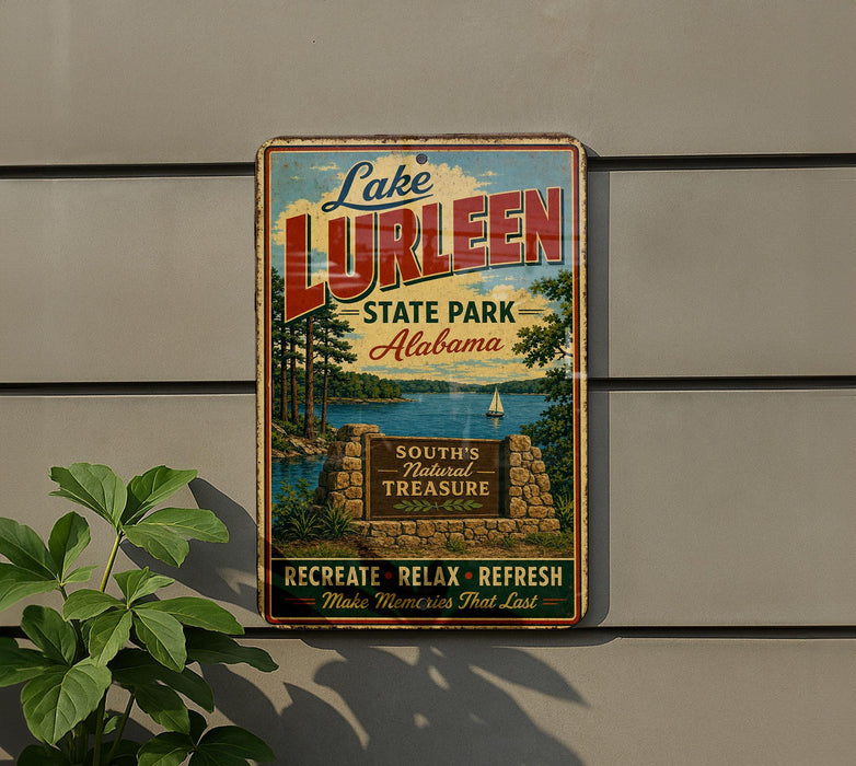 A vintage-style sign for Lake Lureen State Park in Alabama, featuring a scenic illustration of the park and a message encouraging visitors to "Recreate, Relax, Refresh" and create memories that last.