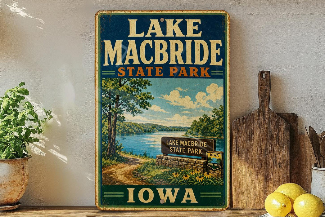 A vintage-style sign for Lake Macbride State Park in Iowa, featuring a scenic landscape with a lake, trees, and a path leading to the park entrance.