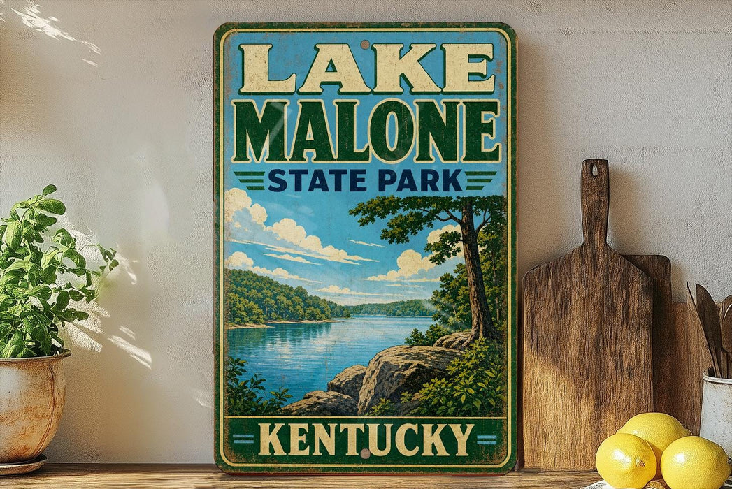 A vintage-style sign for Lake Malone State Park in Kentucky, featuring a scenic landscape with a lake, mountains, and trees.