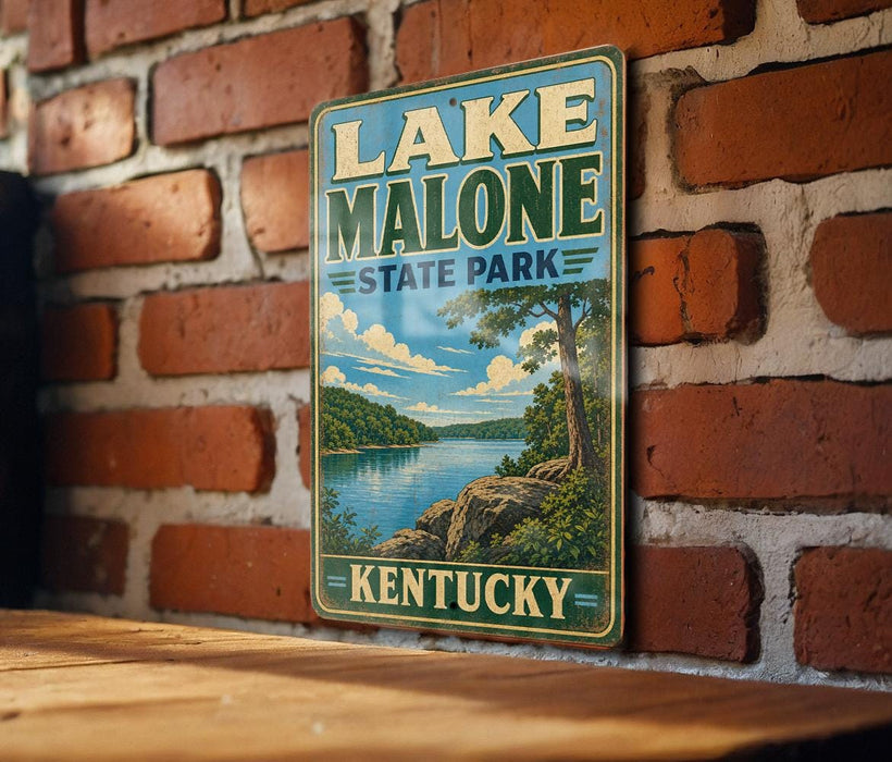 A vintage-style sign for Lake Malone State Park in Kentucky, featuring a scenic landscape with a lake, mountains, and trees.