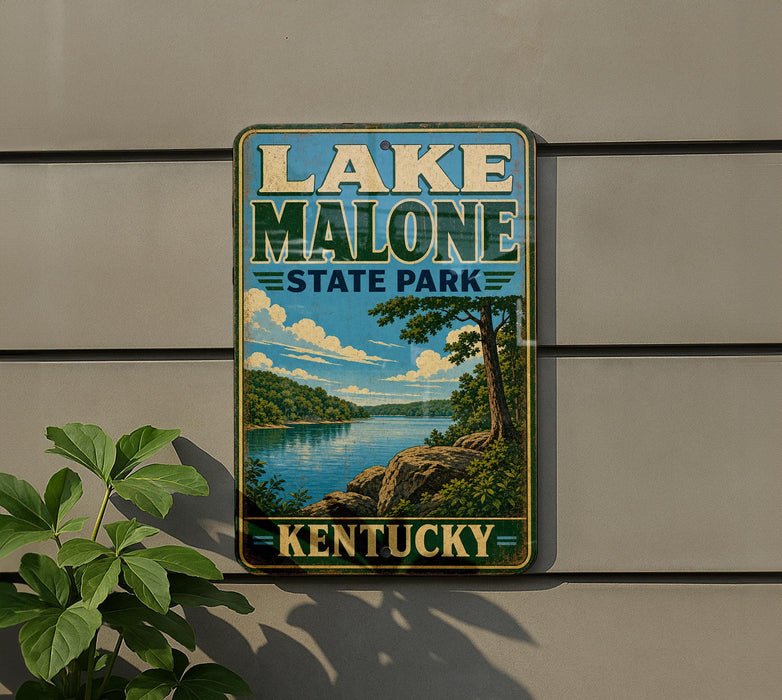 A vintage-style sign for Lake Malone State Park in Kentucky, featuring a scenic landscape with a lake, mountains, and trees.