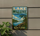 A vintage-style sign for Lake Malone State Park in Kentucky, featuring a scenic landscape with a lake, mountains, and trees.