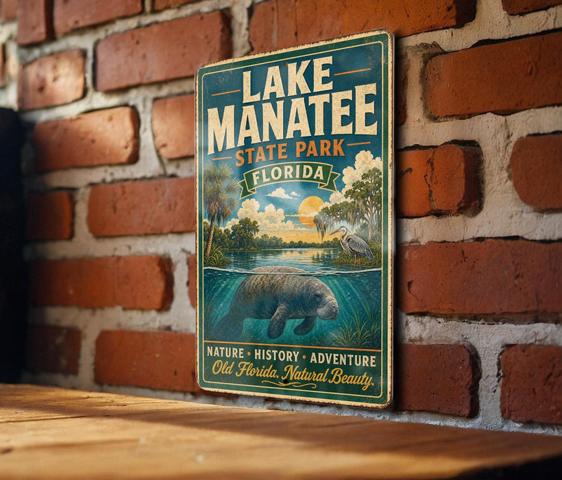 A vintage-style metal sign for Lake Manatee State Park in Florida, featuring a manatee and a scenic landscape.