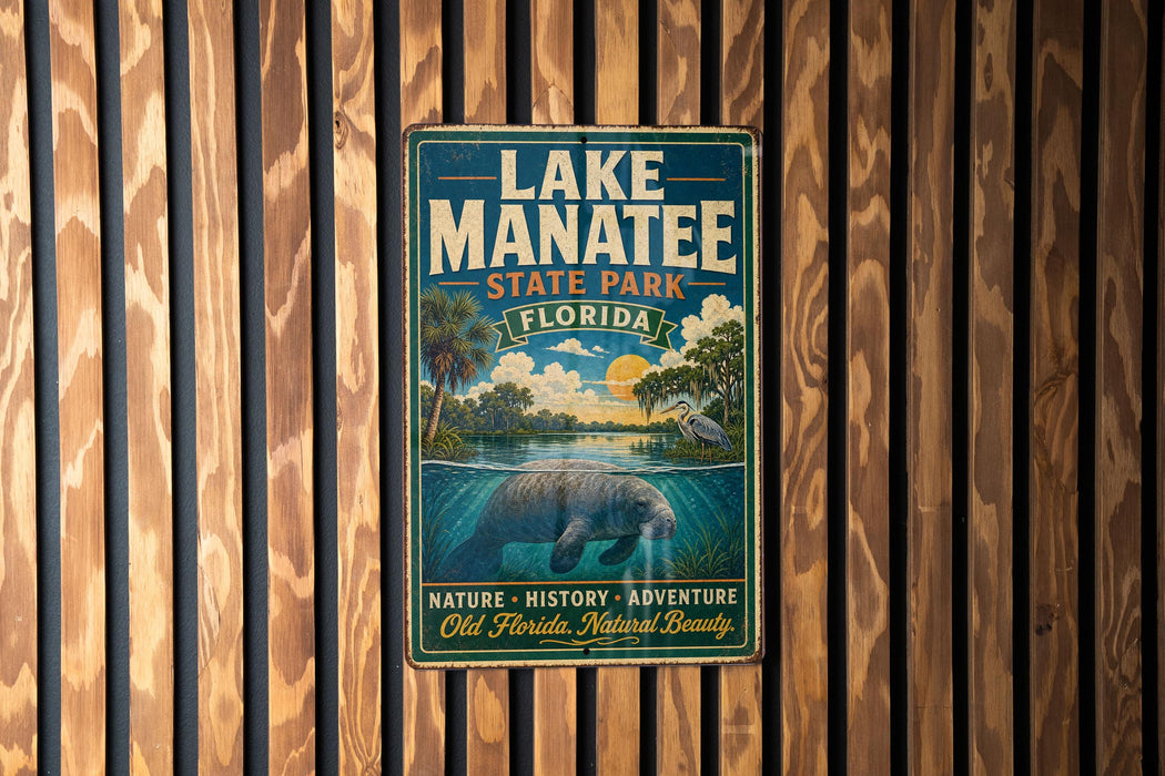 A vintage-style metal sign for Lake Manatee State Park in Florida, featuring a manatee and a scenic landscape.