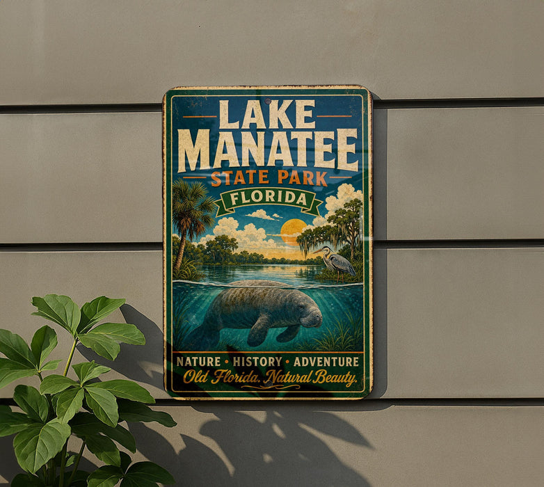 A vintage-style metal sign for Lake Manatee State Park in Florida, featuring a manatee and a tropical landscape.
