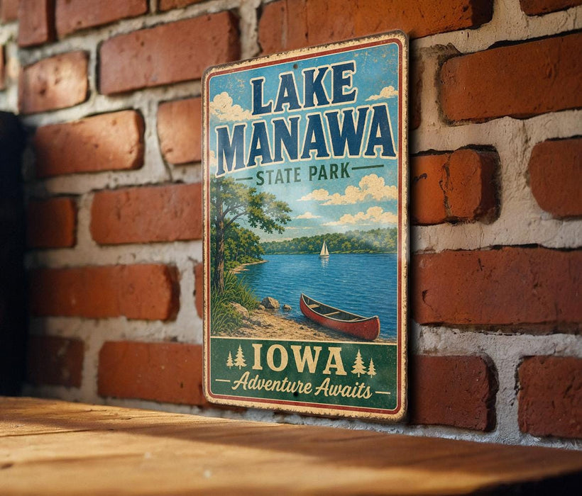 A vintage-style metal sign for Lake Manawa State Park in Iowa, featuring a scenic illustration of a lake, canoe, and surrounding landscape.