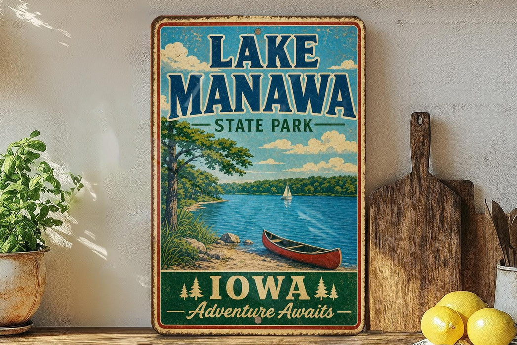 A vintage-style sign for Lake Manawa State Park in Iowa, featuring a scenic illustration of a lake, canoe, and surrounding landscape.