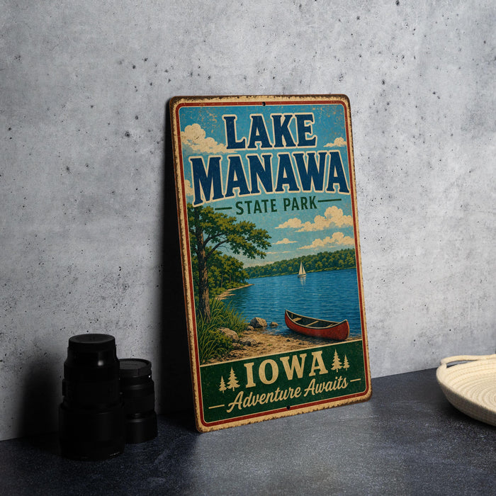 A vintage-style sign for Lake Manawa State Park in Iowa, featuring a scenic illustration of a lake, canoe, and surrounding landscape.