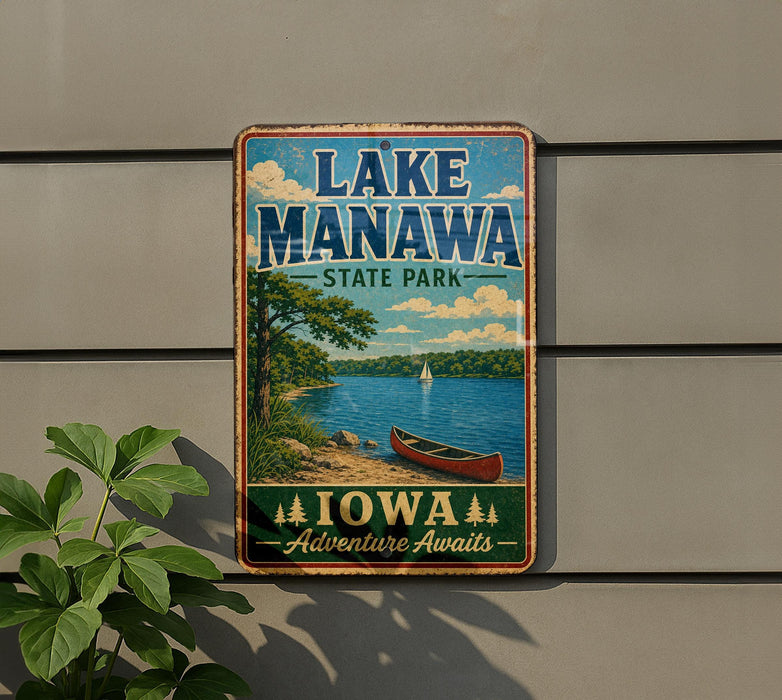 A vintage-style metal sign for Lake Manawa State Park in Iowa, featuring a scenic image of a lake, canoe, and trees.