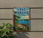 A vintage-style metal sign for Lake Manawa State Park in Iowa, featuring a scenic image of a lake, canoe, and trees.