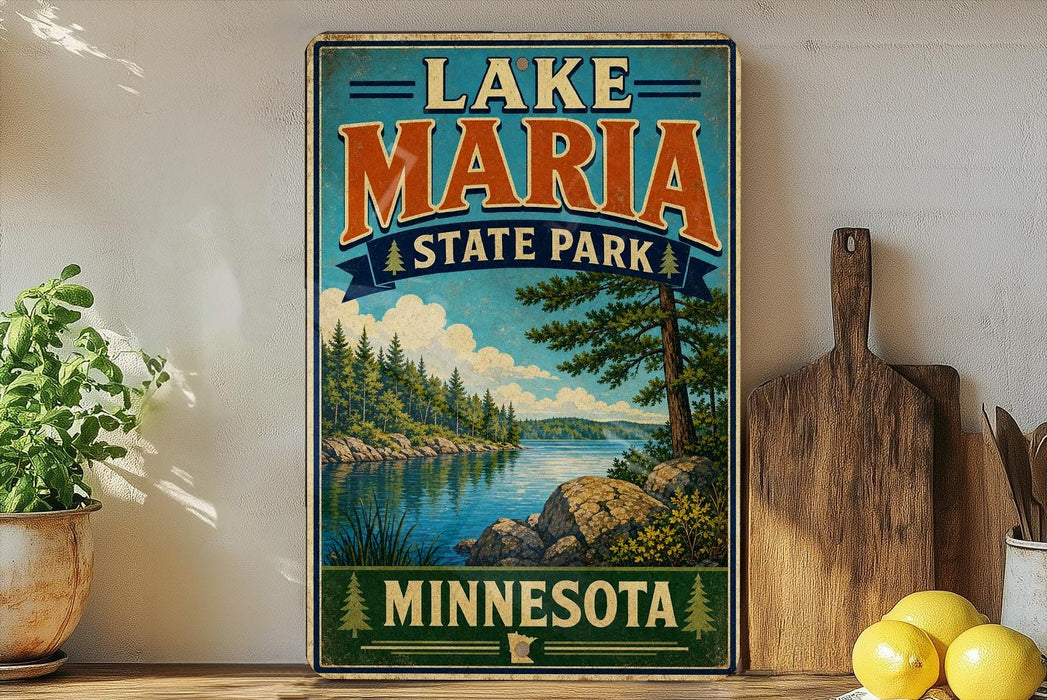 A vintage-style poster for Lake Maria State Park in Minnesota, featuring a scenic landscape with a lake, mountains, and pine trees.