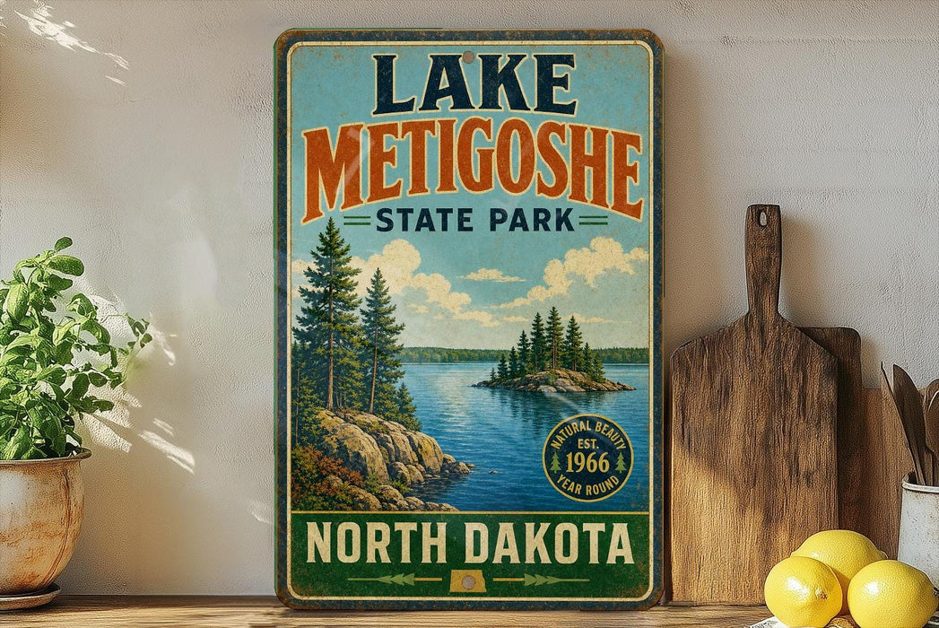 A vintage-style sign for Lake Metigoshe State Park in North Dakota, featuring a scenic landscape with pine trees, a lake, and mountains.