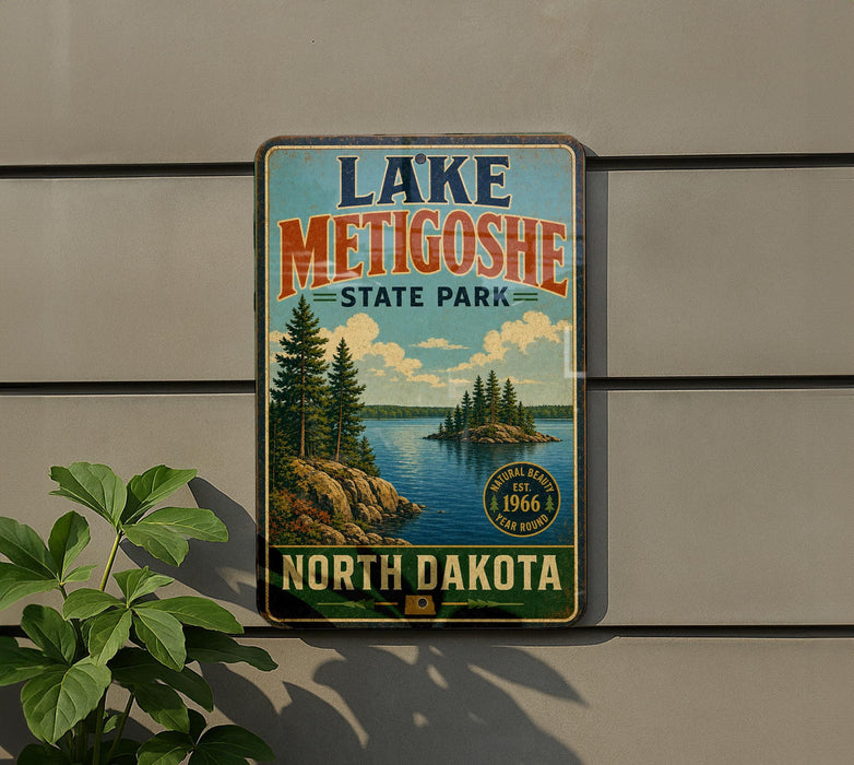 A vintage-style sign for Lake Metigoshe State Park in North Dakota, featuring a scenic landscape with pine trees, a lake, and mountains.
