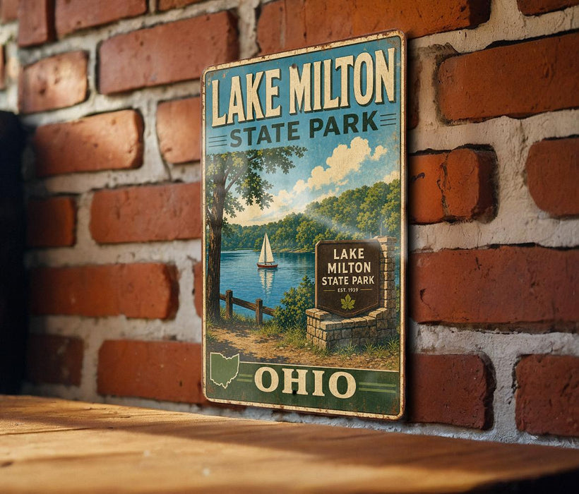 A vintage-style sign for Lake Milton State Park in Ohio, featuring a scenic illustration of a lake, a sailboat, and a forested area.